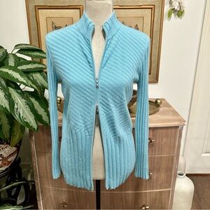 St. John Blue Ribbed Cashmere Sweater Zipper Sz S Cozy Officewear